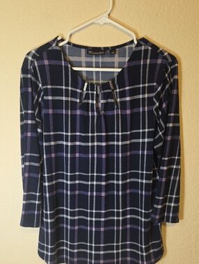 Navy and Purple Plaid Qtr Long Sleeve Women's Top